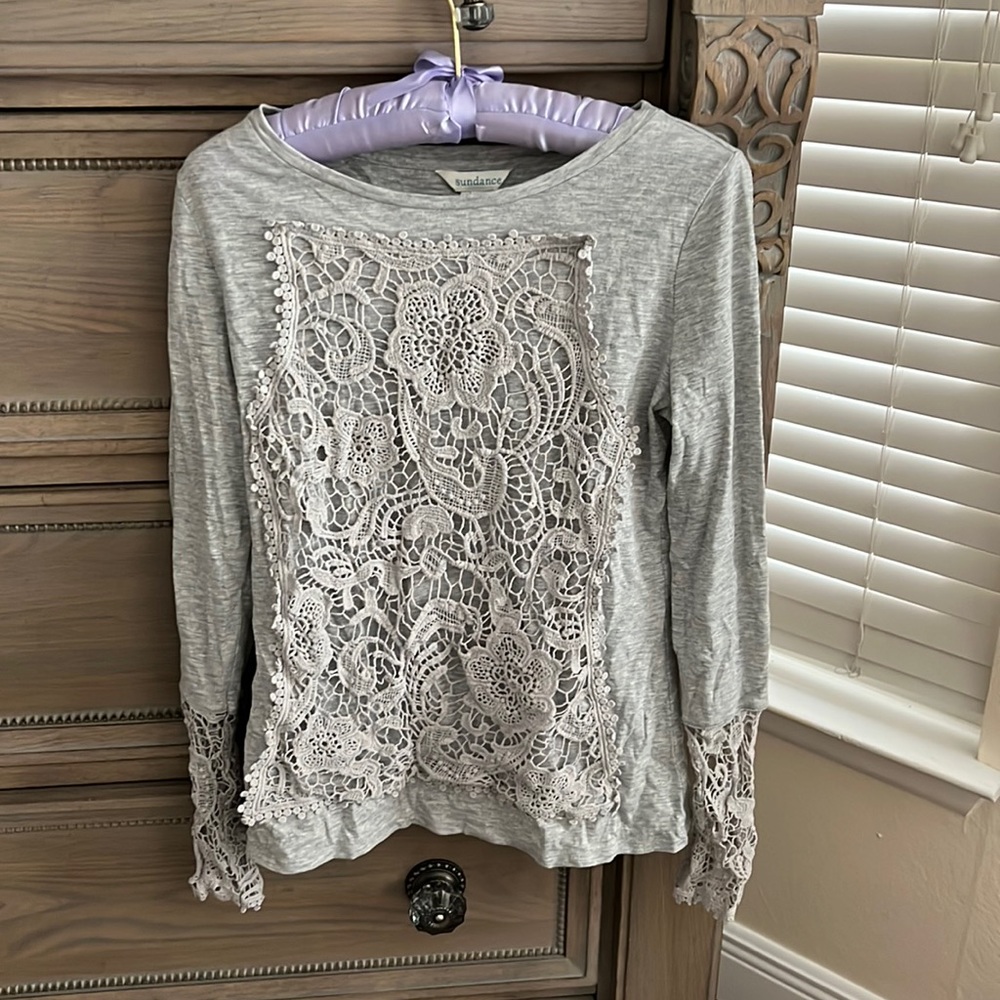 Gray Sundance top. Lace overlay. Small. Excellent condition.